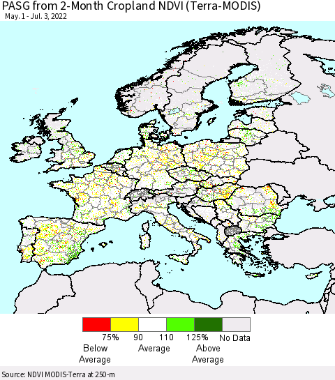 Europe PASG from 2-Month Cropland NDVI (Terra-MODIS) Thematic Map For 6/26/2022 - 7/3/2022