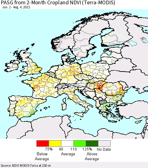 Europe PASG from 2-Month Cropland NDVI (Terra-MODIS) Thematic Map For 7/28/2022 - 8/4/2022