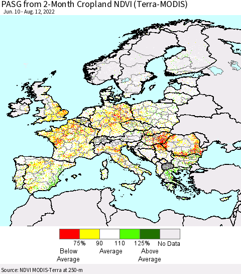 Europe PASG from 2-Month Cropland NDVI (Terra-MODIS) Thematic Map For 8/5/2022 - 8/12/2022