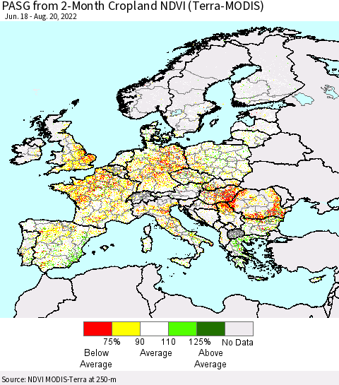 Europe PASG from 2-Month Cropland NDVI (Terra-MODIS) Thematic Map For 8/13/2022 - 8/20/2022