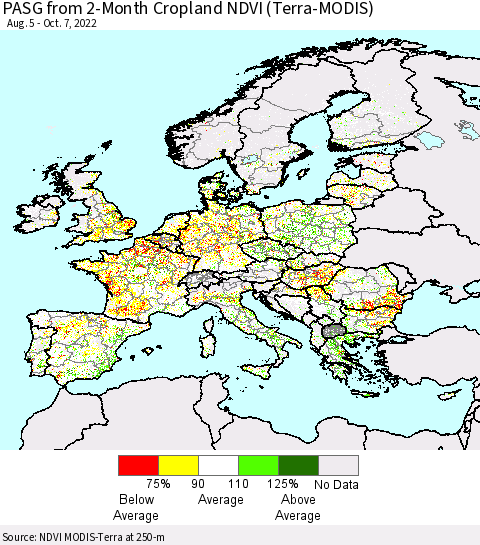Europe PASG from 2-Month Cropland NDVI (Terra-MODIS) Thematic Map For 9/30/2022 - 10/7/2022