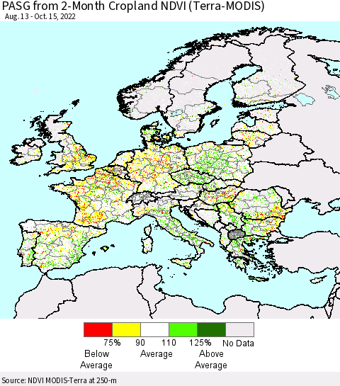 Europe PASG from 2-Month Cropland NDVI (Terra-MODIS) Thematic Map For 10/8/2022 - 10/15/2022