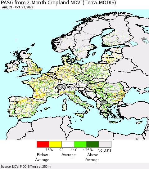 Europe PASG from 2-Month Cropland NDVI (Terra-MODIS) Thematic Map For 10/16/2022 - 10/23/2022