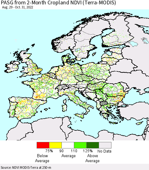 Europe PASG from 2-Month Cropland NDVI (Terra-MODIS) Thematic Map For 10/24/2022 - 10/31/2022