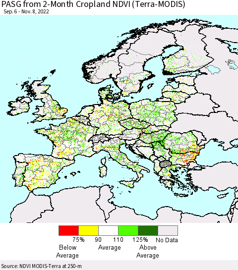 Europe PASG from 2-Month Cropland NDVI (Terra-MODIS) Thematic Map For 11/1/2022 - 11/8/2022