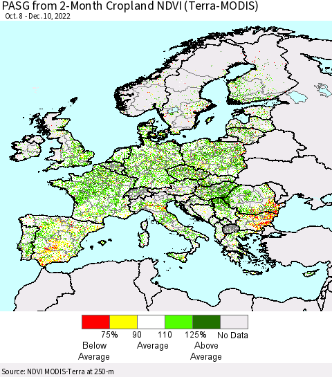 Europe PASG from 2-Month Cropland NDVI (Terra-MODIS) Thematic Map For 12/3/2022 - 12/10/2022