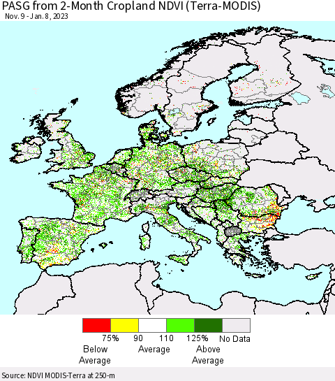 Europe PASG from 2-Month Cropland NDVI (Terra-MODIS) Thematic Map For 1/1/2023 - 1/8/2023