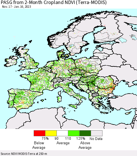 Europe PASG from 2-Month Cropland NDVI (Terra-MODIS) Thematic Map For 1/9/2023 - 1/16/2023