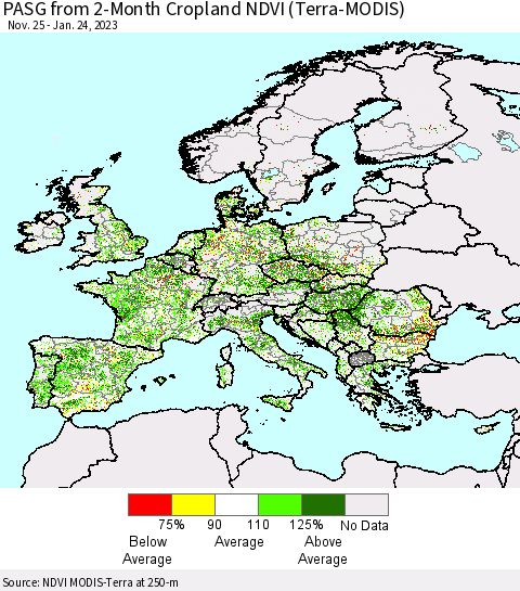 Europe PASG from 2-Month Cropland NDVI (Terra-MODIS) Thematic Map For 1/17/2023 - 1/24/2023