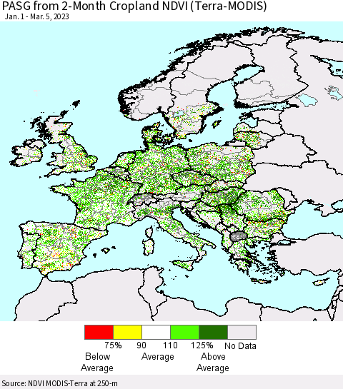 Europe PASG from 2-Month Cropland NDVI (Terra-MODIS) Thematic Map For 2/26/2023 - 3/5/2023