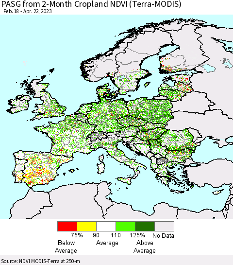 Europe PASG from 2-Month Cropland NDVI (Terra-MODIS) Thematic Map For 4/15/2023 - 4/22/2023