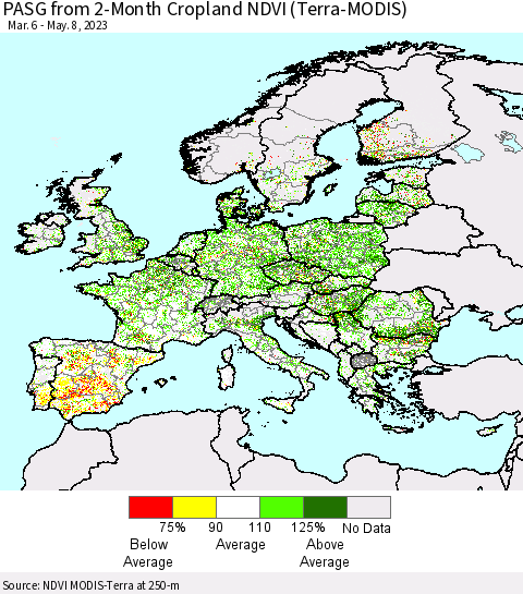 Europe PASG from 2-Month Cropland NDVI (Terra-MODIS) Thematic Map For 5/1/2023 - 5/8/2023
