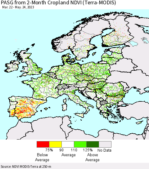 Europe PASG from 2-Month Cropland NDVI (Terra-MODIS) Thematic Map For 5/17/2023 - 5/24/2023