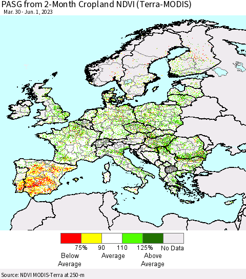 Europe PASG from 2-Month Cropland NDVI (Terra-MODIS) Thematic Map For 5/25/2023 - 6/1/2023