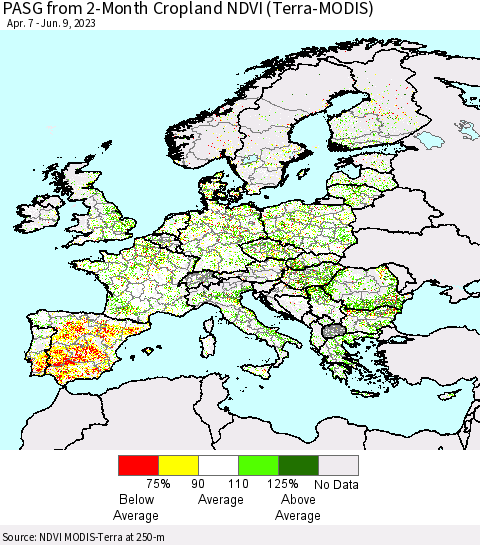 Europe PASG from 2-Month Cropland NDVI (Terra-MODIS) Thematic Map For 6/2/2023 - 6/9/2023