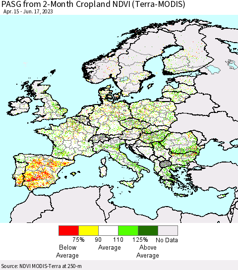 Europe PASG from 2-Month Cropland NDVI (Terra-MODIS) Thematic Map For 6/10/2023 - 6/17/2023