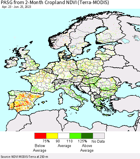 Europe PASG from 2-Month Cropland NDVI (Terra-MODIS) Thematic Map For 6/18/2023 - 6/25/2023