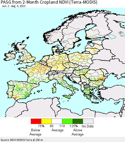 Europe PASG from 2-Month Cropland NDVI (Terra-MODIS) Thematic Map For 7/28/2023 - 8/4/2023