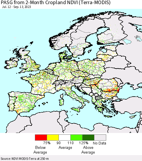 Europe PASG from 2-Month Cropland NDVI (Terra-MODIS) Thematic Map For 9/6/2023 - 9/13/2023