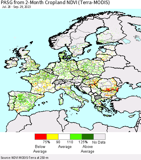 Europe PASG from 2-Month Cropland NDVI (Terra-MODIS) Thematic Map For 9/22/2023 - 9/29/2023