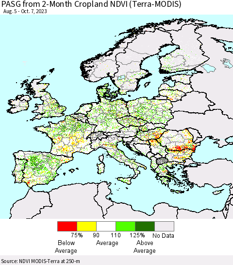 Europe PASG from 2-Month Cropland NDVI (Terra-MODIS) Thematic Map For 9/30/2023 - 10/7/2023