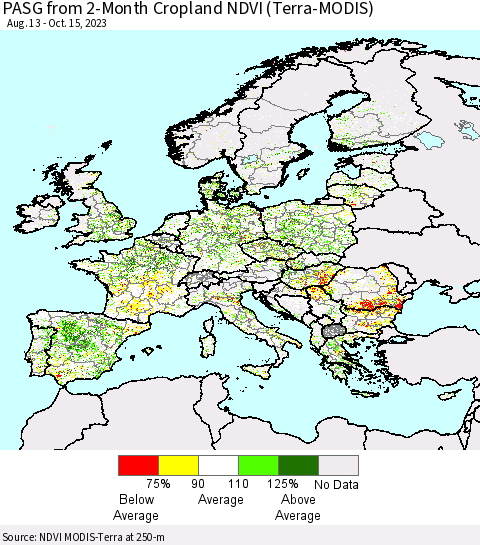 Europe PASG from 2-Month Cropland NDVI (Terra-MODIS) Thematic Map For 10/8/2023 - 10/15/2023