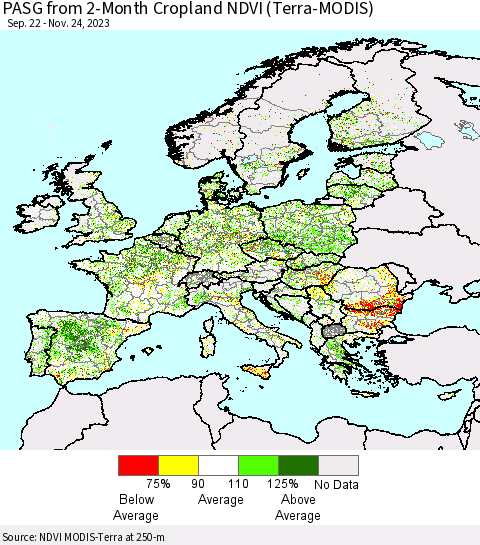 Europe PASG from 2-Month Cropland NDVI (Terra-MODIS) Thematic Map For 11/17/2023 - 11/24/2023