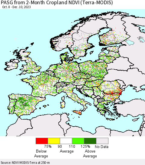 Europe PASG from 2-Month Cropland NDVI (Terra-MODIS) Thematic Map For 12/3/2023 - 12/10/2023