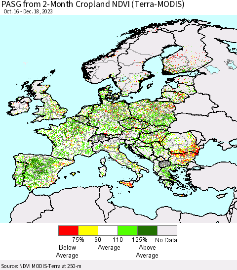 Europe PASG from 2-Month Cropland NDVI (Terra-MODIS) Thematic Map For 12/11/2023 - 12/18/2023