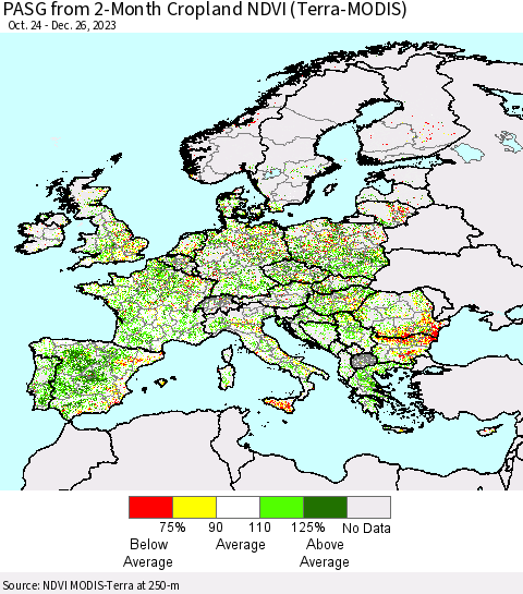Europe PASG from 2-Month Cropland NDVI (Terra-MODIS) Thematic Map For 12/19/2023 - 12/26/2023
