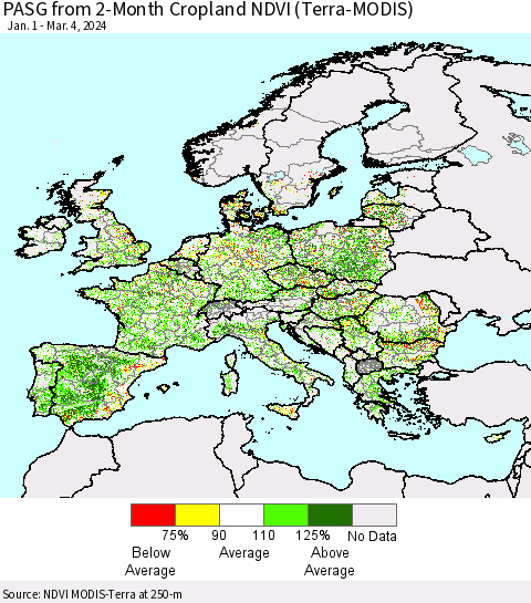 Europe PASG from 2-Month Cropland NDVI (Terra-MODIS) Thematic Map For 2/26/2024 - 3/4/2024