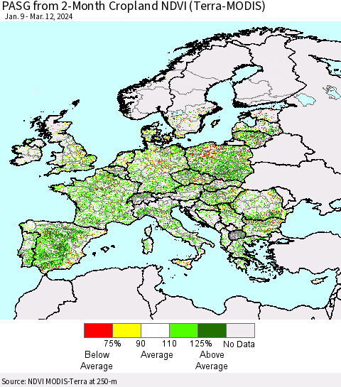 Europe PASG from 2-Month Cropland NDVI (Terra-MODIS) Thematic Map For 3/5/2024 - 3/12/2024