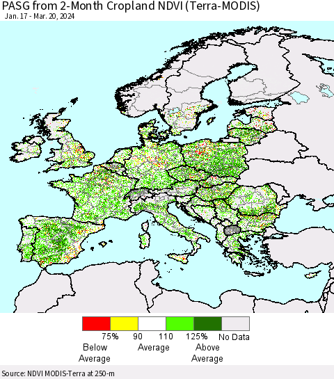 Europe PASG from 2-Month Cropland NDVI (Terra-MODIS) Thematic Map For 3/13/2024 - 3/20/2024
