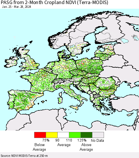 Europe PASG from 2-Month Cropland NDVI (Terra-MODIS) Thematic Map For 3/21/2024 - 3/28/2024
