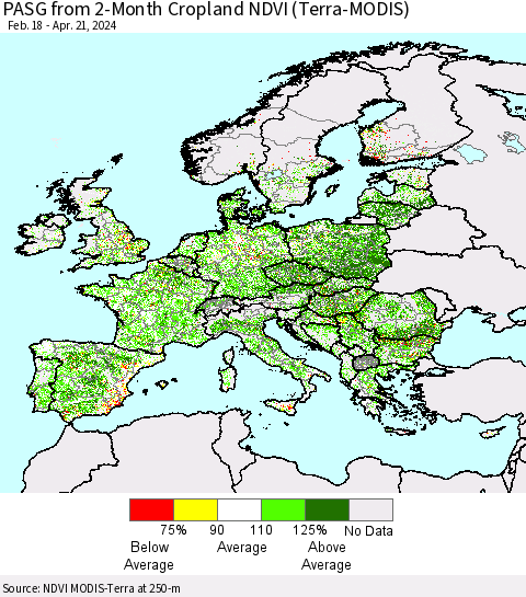 Europe PASG from 2-Month Cropland NDVI (Terra-MODIS) Thematic Map For 4/14/2024 - 4/21/2024