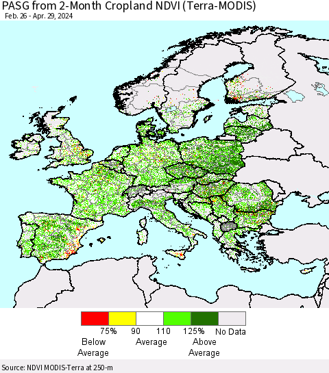 Europe PASG from 2-Month Cropland NDVI (Terra-MODIS) Thematic Map For 4/22/2024 - 4/29/2024