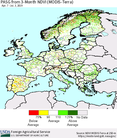 Europe PASG from 3-Month NDVI (Terra-MODIS) Thematic Map For 7/1/2019 - 7/10/2019