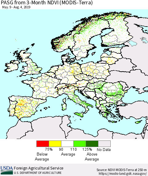 Europe PASG from 3-Month NDVI (Terra-MODIS) Thematic Map For 8/1/2019 - 8/10/2019