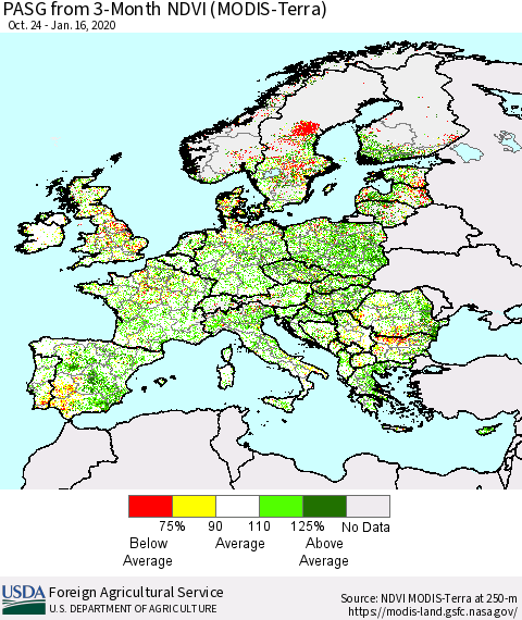 Europe PASG from 3-Month NDVI (Terra-MODIS) Thematic Map For 1/11/2020 - 1/20/2020
