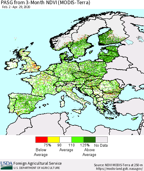 Europe PASG from 3-Month NDVI (Terra-MODIS) Thematic Map For 4/21/2020 - 4/30/2020