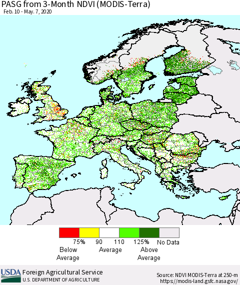 Europe PASG from 3-Month NDVI (Terra-MODIS) Thematic Map For 5/1/2020 - 5/10/2020