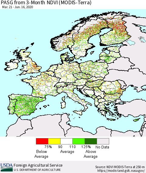 Europe PASG from 3-Month NDVI (Terra-MODIS) Thematic Map For 6/11/2020 - 6/20/2020