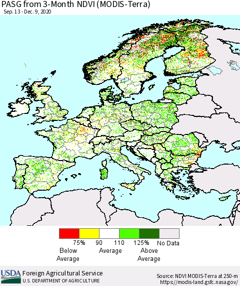 Europe PASG from 3-Month NDVI (Terra-MODIS) Thematic Map For 12/1/2020 - 12/10/2020