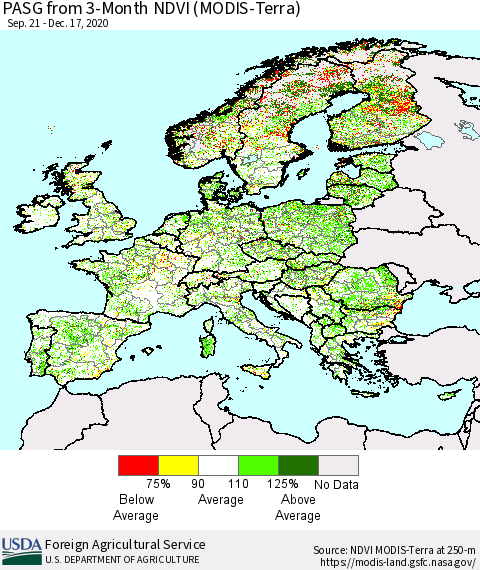 Europe PASG from 3-Month NDVI (Terra-MODIS) Thematic Map For 12/11/2020 - 12/20/2020