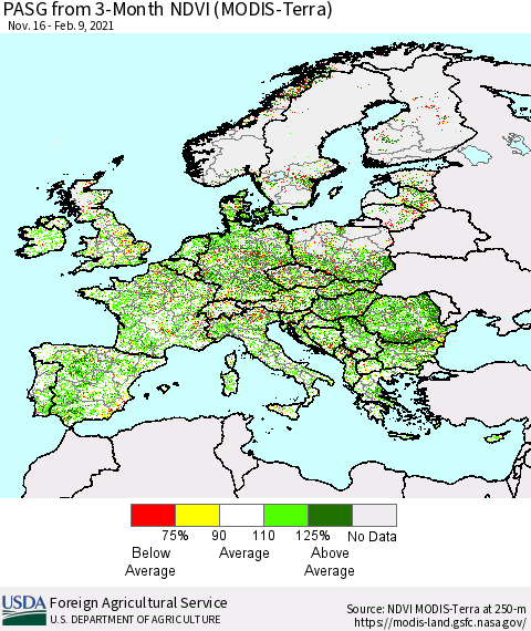 Europe PASG from 3-Month NDVI (Terra-MODIS) Thematic Map For 2/1/2021 - 2/10/2021