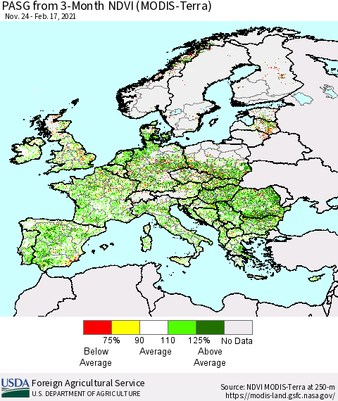 Europe PASG from 3-Month NDVI (Terra-MODIS) Thematic Map For 2/11/2021 - 2/20/2021