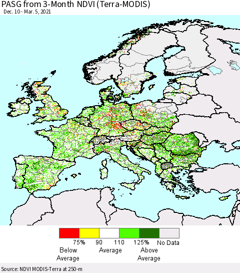 Europe PASG from 3-Month NDVI (Terra-MODIS) Thematic Map For 2/26/2021 - 3/5/2021