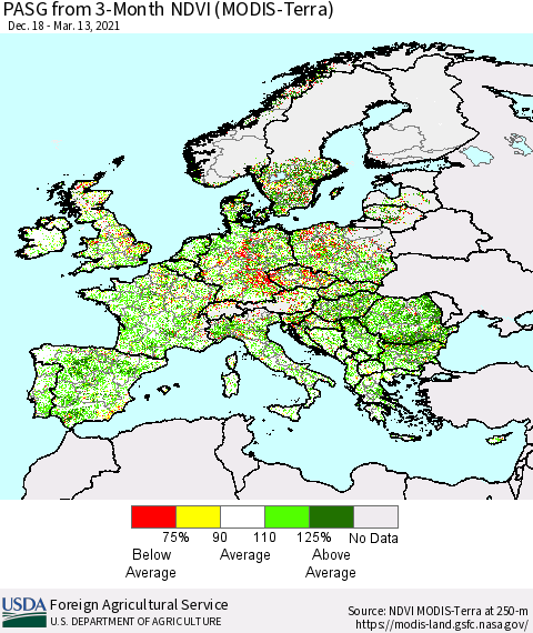 Europe PASG from 3-Month NDVI (Terra-MODIS) Thematic Map For 3/11/2021 - 3/20/2021