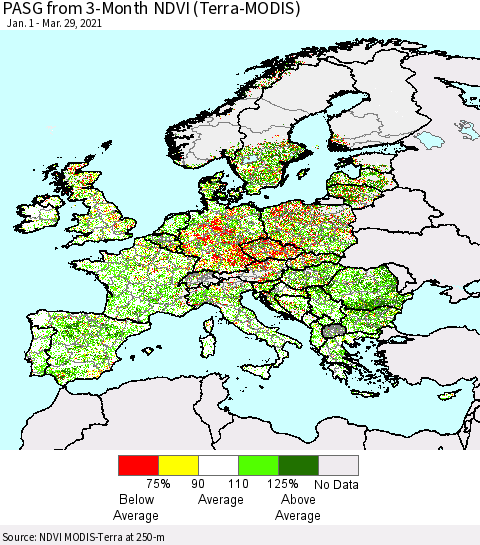Europe PASG from 3-Month NDVI (Terra-MODIS) Thematic Map For 3/22/2021 - 3/29/2021