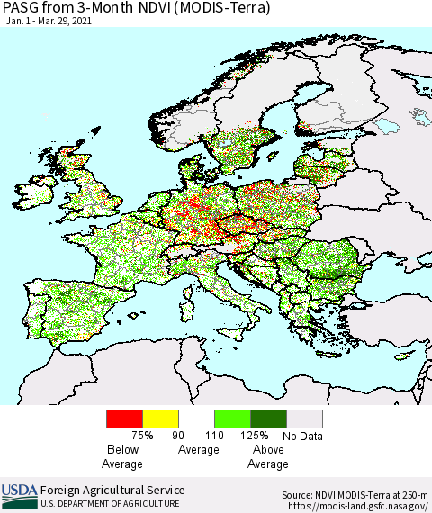 Europe PASG from 3-Month NDVI (Terra-MODIS) Thematic Map For 3/21/2021 - 3/31/2021